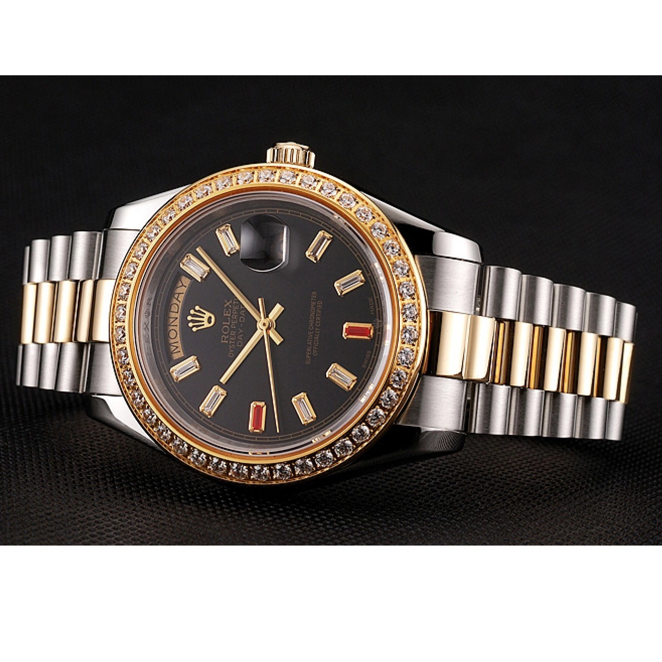Aaa replica watch Bracelet Diamonds Black Rolex Rubies Swiss And Dial Tone Day-Date 1454105 Two 0728